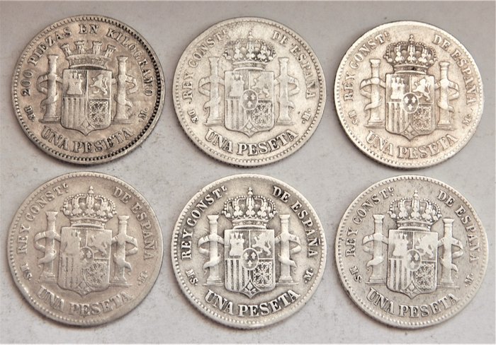 Usado, España. Gobierno Provisional y Alfonso XII. 1 Peseta 1870 a 1885 *86 (6 monedas) segunda mano  