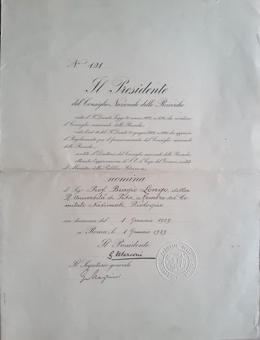 Guglielmo Marconi - Nomina Autografa - 1929
