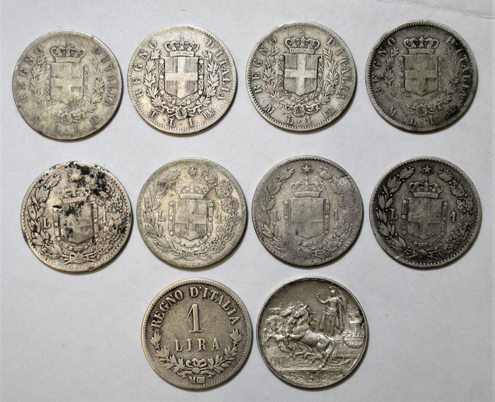Italy, Kingdom of Italy. 1 Lira Lotto da 10 monete in argento da 1 lira dal 1863 al 1917