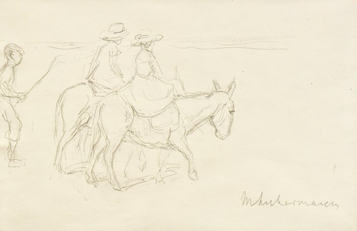 Max Lieberman (1847-1935) - Ezeltjes met berijdsters op het strand
