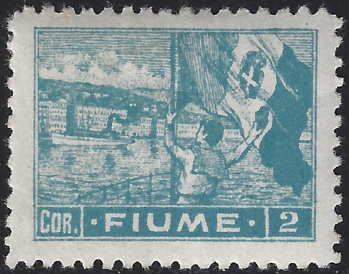 Fiume 1921 - Allegorie e Vedute, 2 corone cobalto carta "C" dentellatura 10 1/2 - Sassone N. C45/I
