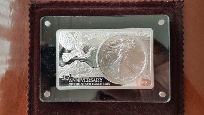 USA. Silver Eagle 35th Anniversary 1 Oz Bar Incl. 1 OZ Silver Coin 1$ USA 2021 Coin. 3 oz. silver 999/1000 2021