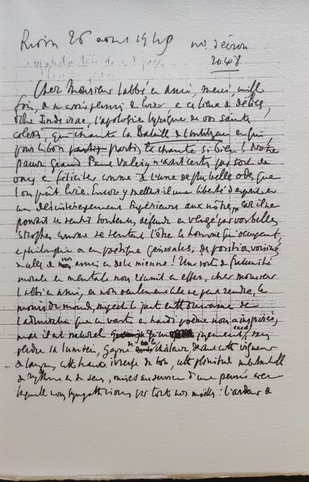 Charles Maurras - Lettre Inédite à l'auteur de l'Ode pour la bataille de l'intelligence [E.O• N° 142/200] - 1984