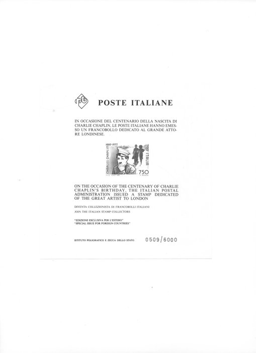 Italienische Republik 1989 - Souvenir sheet “centenary of the birth of Charlie Chaplin” - Unif. C2