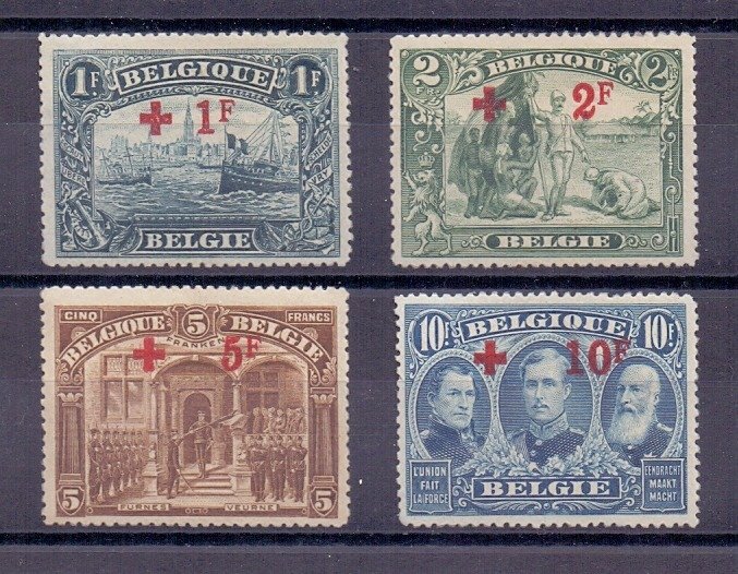 Belgium 1918 - Red Cross with red overprint: the four highest denominations - OBP/COB 160/163