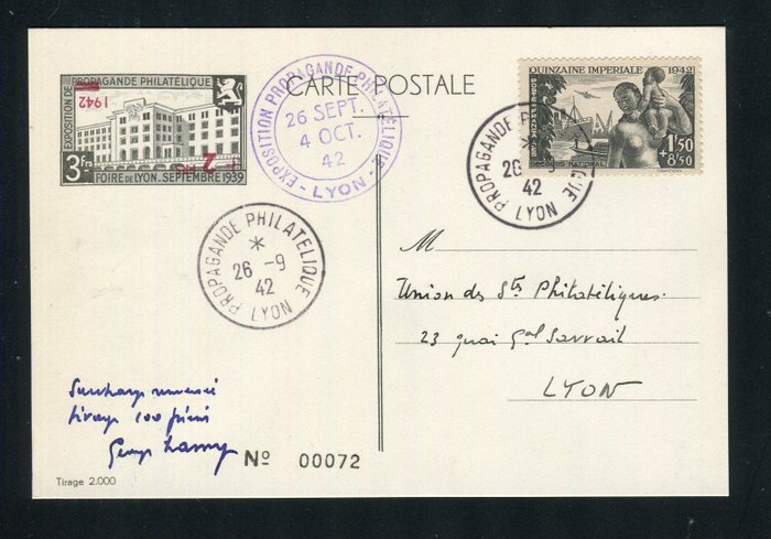 Frankreich 1942 - Rare Carte Postale de la Foire de Lyon de 1942 avec la surcharge renversée