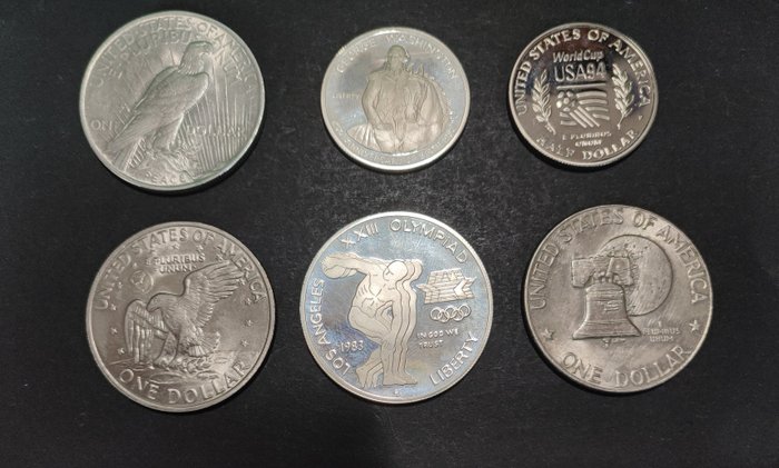 USA. 1/2 Dollars + Dollars 1923/1994 (6 pieces) incl. 3x silver