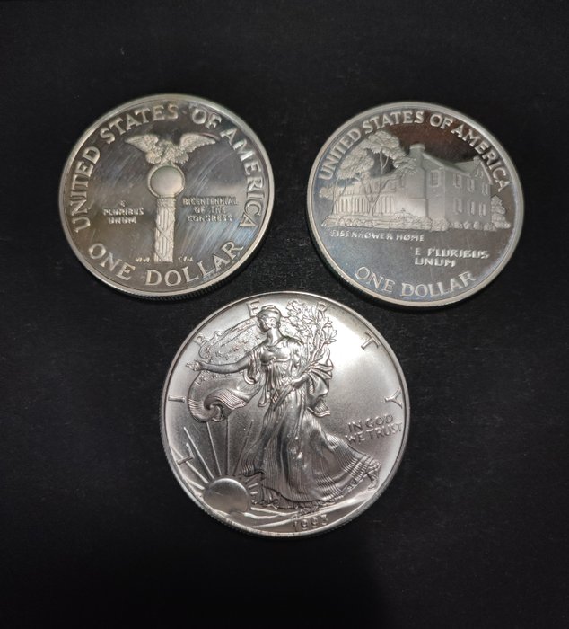 USA. Dollar 1989 and 1990 Commemorative + Dollar 1993 Silver Eagle (total 3 coins)