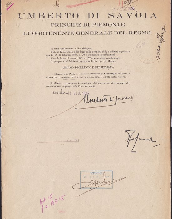 Umberto II di Savoia - Decreto autografato per riposo del Maggiore di Porto - 1946