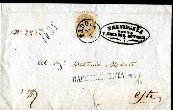 Italian Ancient States - Lombardo Veneto 1864 - Beautiful registered mail stamped only on the front. - Sassone 45