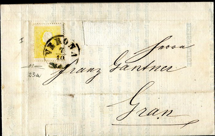 Italian Ancient States - Lombardo Veneto 1858 - 2 soldi 1st type isolated on circular letter from Verona to Gran - Sassone 23a