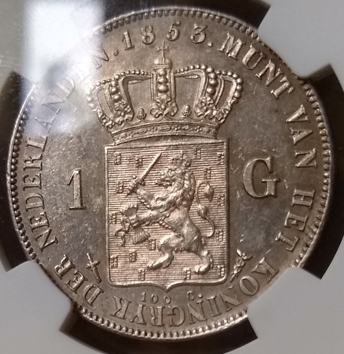 Niederlande. Willem III (1849-1890). 1 Gulden 1853 in NGC slab MS 61 TOP POP