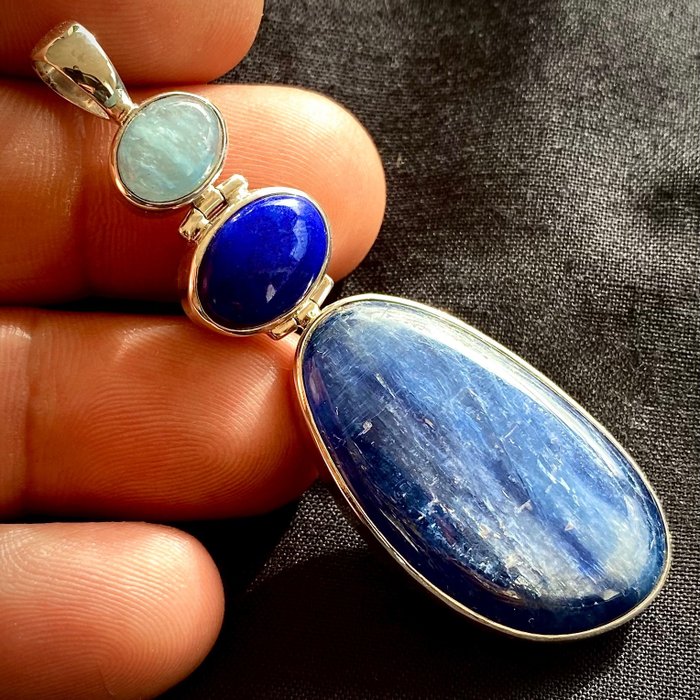 海藍寶石 - 青金石和藍晶石 - 獨家銀吊墜 - 高度: 71.5 mm - 闊度: 21.5 mm- 19 g
