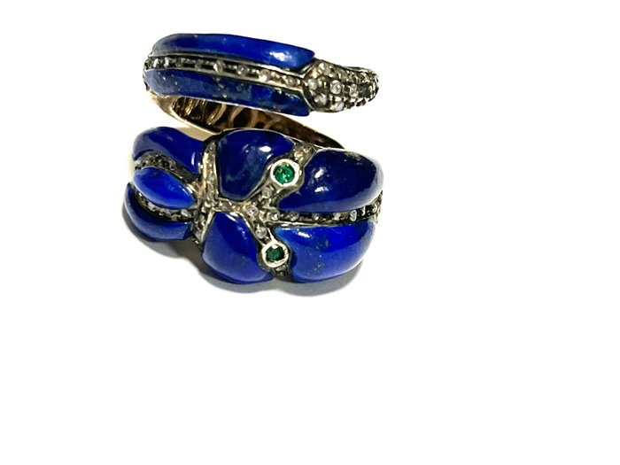 Preview of the first image of 9 kt. Pink gold, Silver - Ring Lapis lazuli - Diamonds, Emeralds.