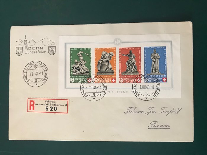 Zwitserland 1940 - Denkmaler op gelopen brief - Michel blok 5