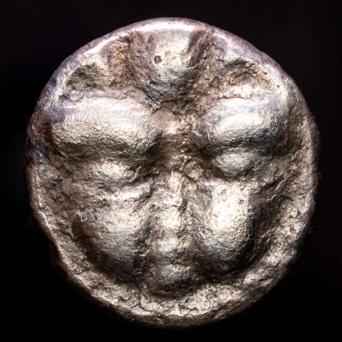 Bruttium, Rhegion, Greece. AR Litra,  ca. 415-387 BC. - Lion front head /  PH within olive branch.