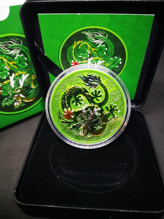 Australia. 1 Dollar 2021 Chinese Myths and Legends Dragon Cyber Green Colorized Coin - 1 Oz