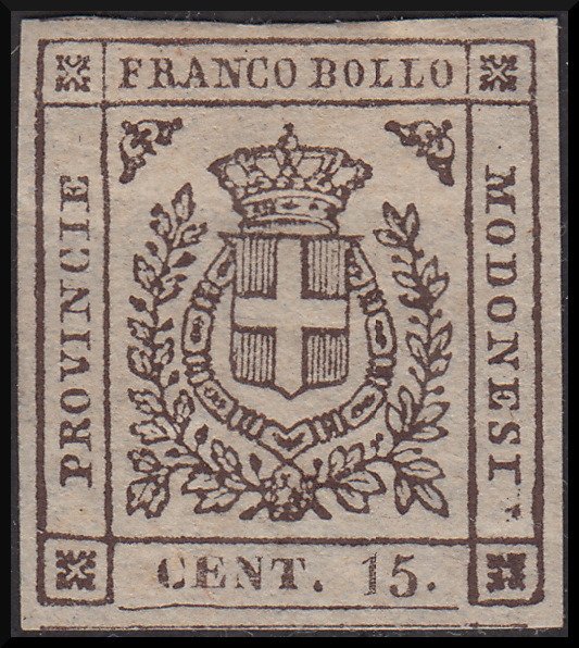 Anciens états italiens - Modène 1859 - Scudo di Savoia sormontato da corona Reale, c. 15 bruno scuro I composizione - Sassone N. 13a