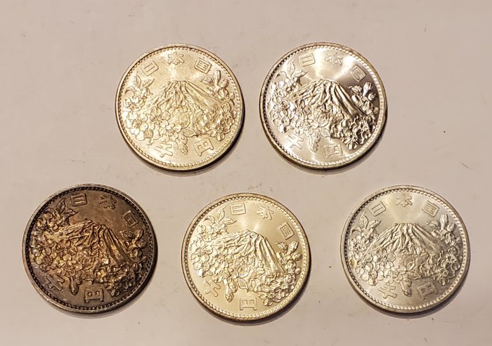 Japan. Showa (1926-1989). 1000 Yen year 39. 1964 Tokyo Olympics (5 coins)