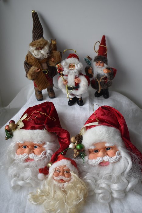Beautiful large Santa heads - tree pendants (6) - velvet fabric - synthetic - plastic for sale  
