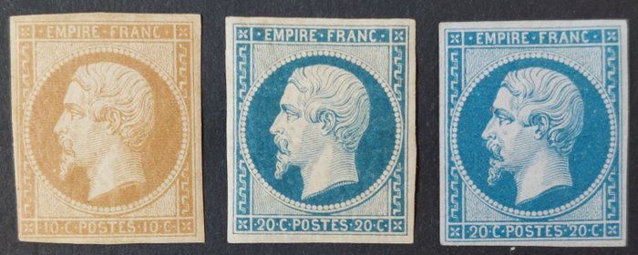 France 1853/60 - Napoleon III imperforate, selection of 3 stamps. - Yvert 13A, 14Af et 14B
