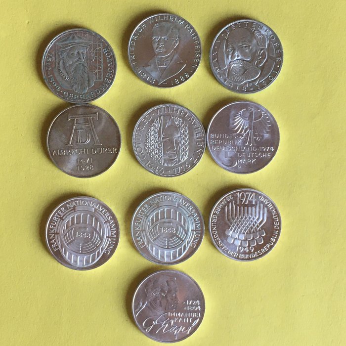 Germany, Federal Republic. Lot. 5 DM Gedenkmünzen 1966/1974 (10 pieces silver)