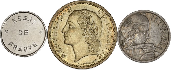 France. Lot 3 monnaies 5 francs Lavrillier 1939 / 100 francs Cochet 1958 / Essai de frappe 10 francs