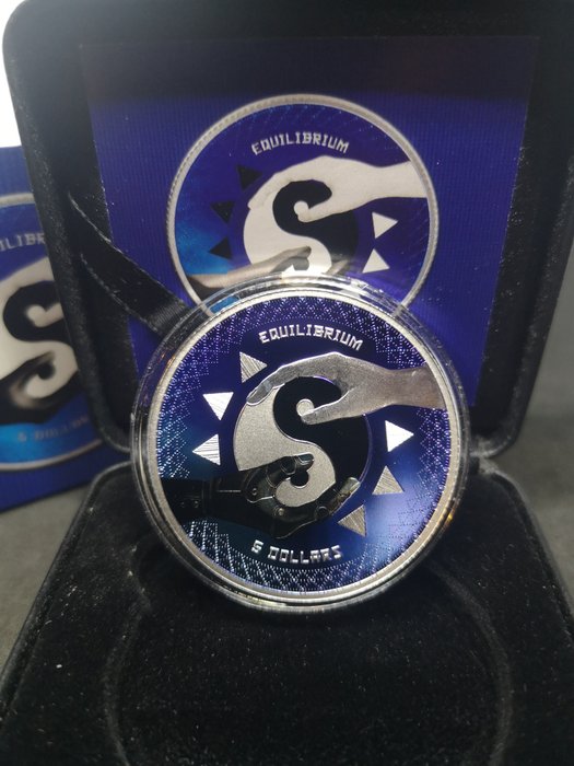 Tokelau. 5 Dollars 2020 Silver Equilibrium Water Fire Metalic Blue Coin - 1 Oz