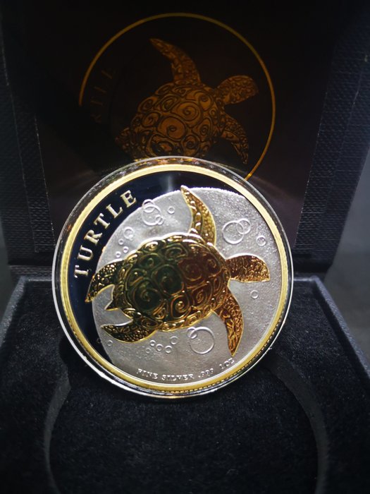 Niue. 2 Dollars 2021 Silver Hawksbill Turtle Black Platinum Gold Gilded Coin - 1 Oz