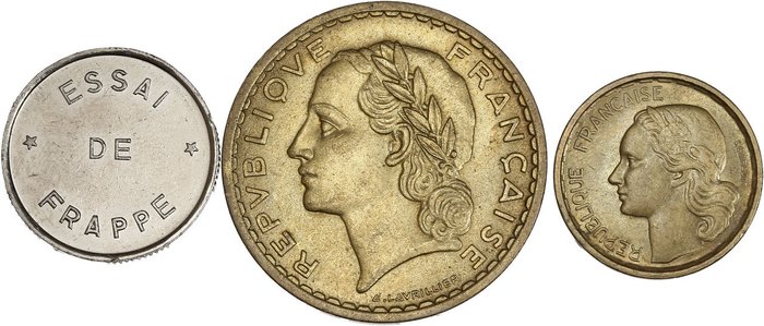 France. Lot 3 monnaies 5 francs Lavrillier 1939 / 10 francs Guiraud 1950 B / Essai de frappe 10 francs tranche lisse