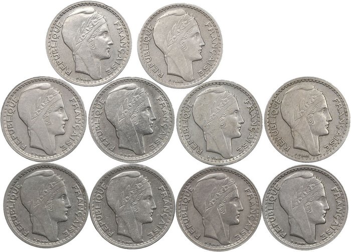 France. Lot 10 exemplaires 10 francs Turin 1945 - rameaux courts