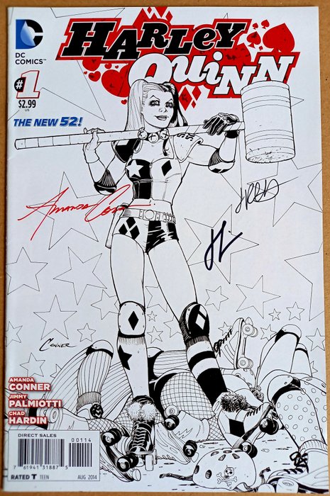 Harley Quinn #1 - ULTRA RARE ! Keys Issue : 1st app Queenie and Big Tony ,... - Signed by Amanda Conner , Jimmy Palmiotti and Chad Hardin at NYCC 2015 ! With COA !! - First edition (2014)