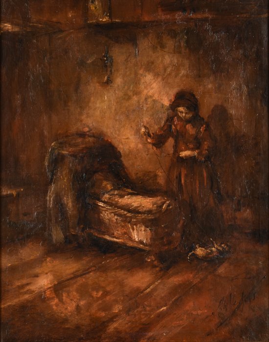 Abert Neuhuys (1844-1914) - Interieur met jonge dame en wieg