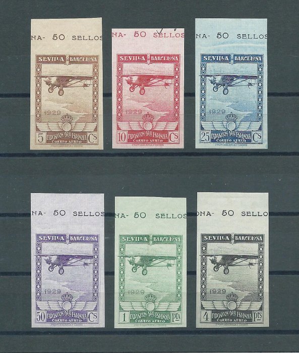Spanje 1929 - Seville/Barcelona airmail complete set, imperforated - Edifil 448s/453s