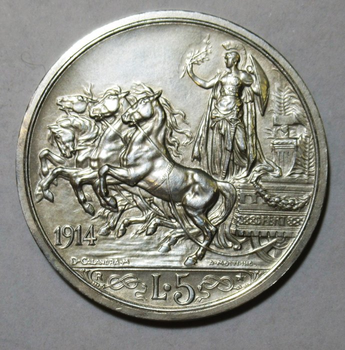 Italië, Koninkrijk Italië. Vittorio Emanuele III di Savoia (1900-1946). 5 Lire 1914 "Quadriga briosa" Altissima conservazione