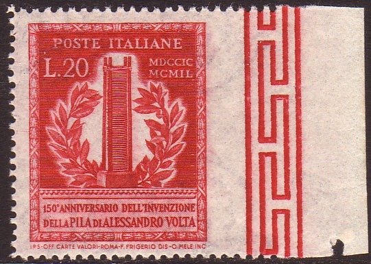 Italienische Republik 1949 - Volta, 20 lire no. 611d, imperforated on the right, with sheet margin, spec. no. 75/Eb.