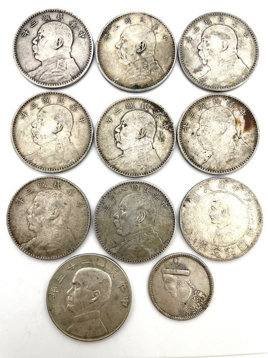 China, Republic, and Tibet. Lot comprising 11 silver coins Various dates (1914-1934) incl.: year 8 (1919) 1 Dollar / Tibet Rupee (4th version)