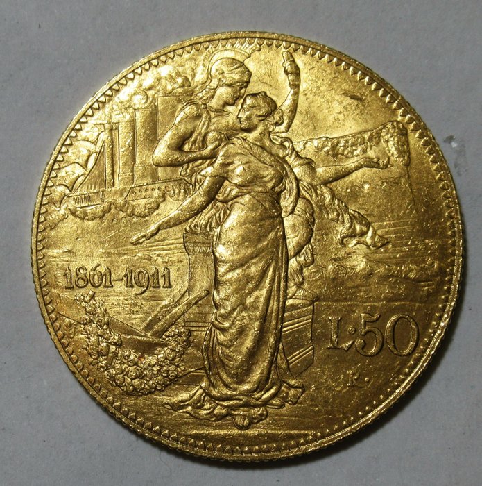 Italië, Koninkrijk Italië. Vittorio Emanuele III di Savoia (1900-1946). 50 Lire 1911 "Cinquantenario" - Vittorio Emanuele III