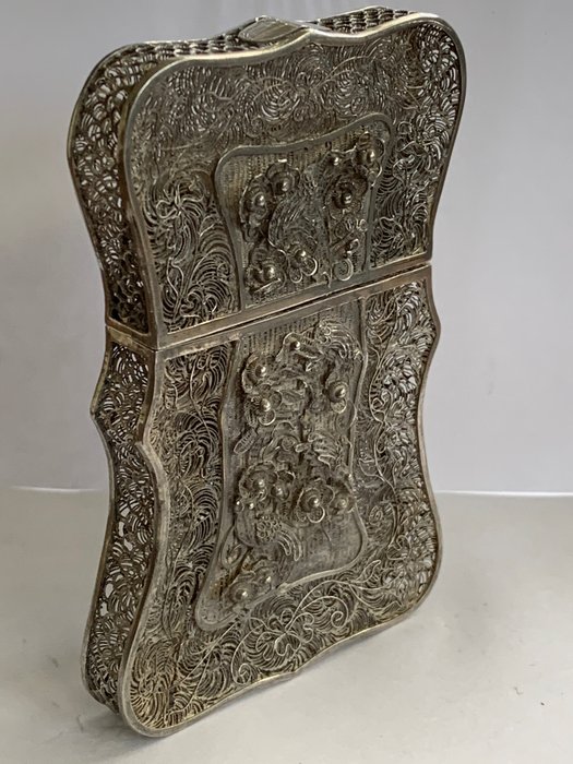 porta carte (1) - Argento, Filigrana, Filo d’argento - Dragone, Pesce, Uccello - Visite kaartjes houder - Cina - XIX secolo