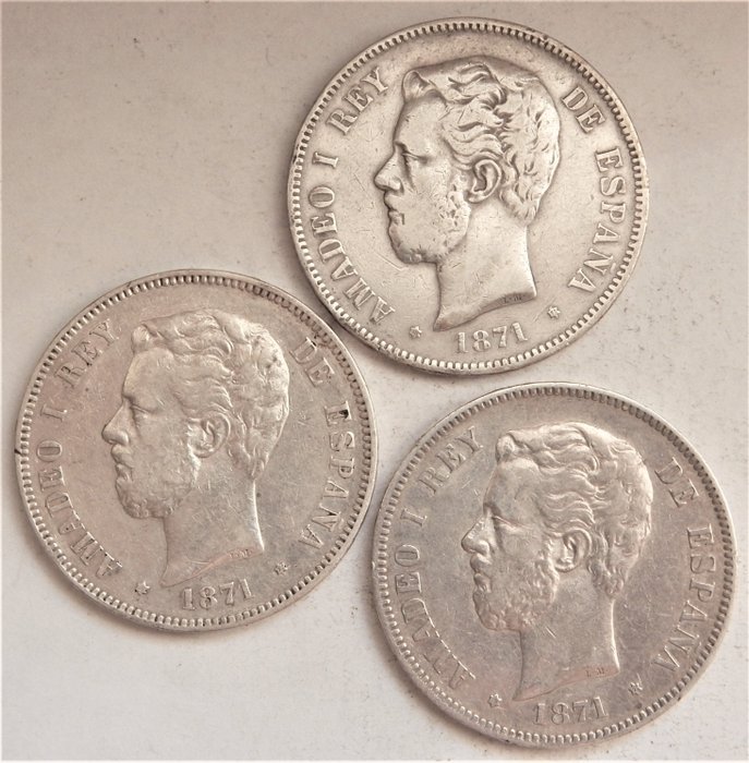 Spain. Amadeo I (1871-1873). 5 Pesetas 1871 *18-71 SDM (3 monedas)
