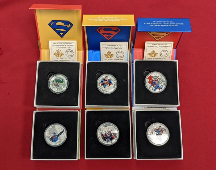 Canada. 6 Coins - 10 Dollars 2014 - 15 Dollars 2015 & 20 Dollars (4) 2014/2015 - Action Comics Superman - Proof Colored