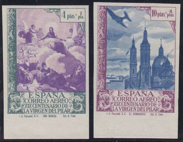 Spanje 1940 - Virgen del Pilar (Our Lady of the Pillar) - Edifil 912/13 CCS Sin dentar y colores cambiados.