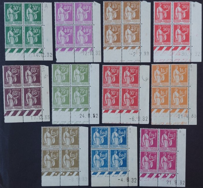 France 1932/33 - Type Paix, the complete series in blocks of 4, dated corners. - Yvert 280 à 289
