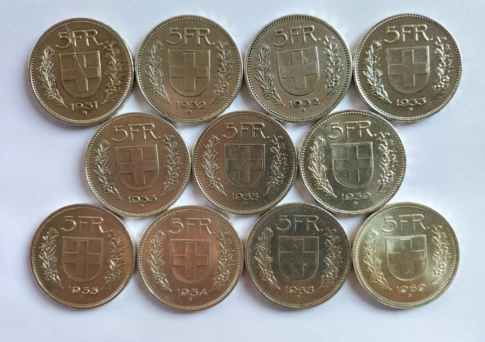 Switzerland. 59 Coins (1/2, 1, 5 Francs) 1903-1969