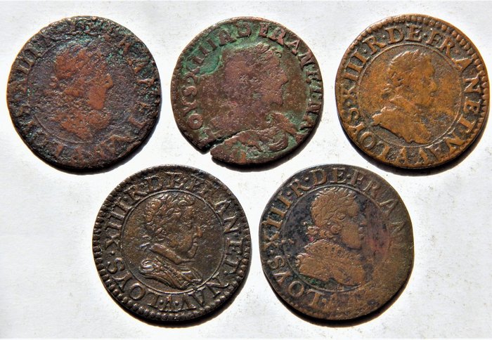 France. Louis XIII (1610-1643). Double Tournois 1615, 1619, 1620, 1627, 1629 (5 coins)