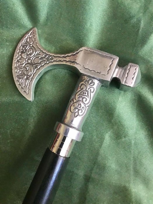 Image 2 of Amazing medieval axe, defense, walking stick - Silvered bronze - 20th century