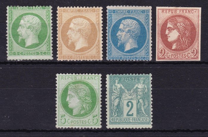 Frankrijk 1862/1876 - No reserve price 	Kleine collectie op insteekkaart - Yvert 20, 21, 22, 40B, 53, 74