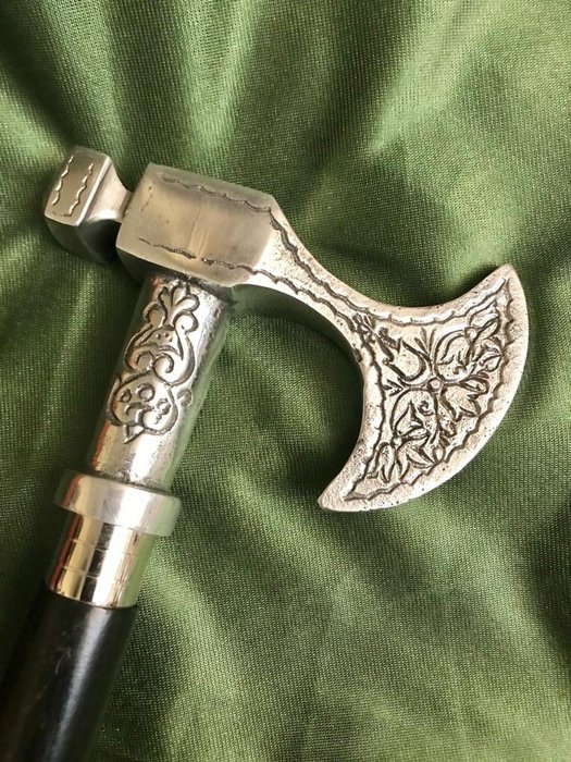 Preview of the first image of Amazing medieval axe, defense, walking stick - Silvered bronze - 20th century.