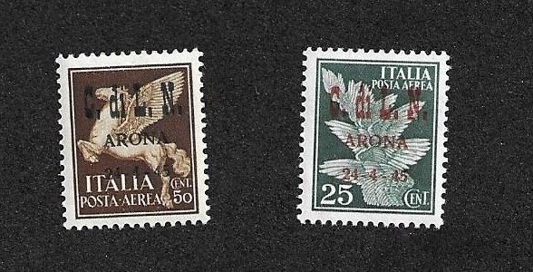 Italie Problèmes locaux 1945 - Arona (C.L.N. local authorisation) 25 c. and 50 c. airmail of 1930-32 C.di L.N. Arona 24-4-45 - Sassone N.14/15