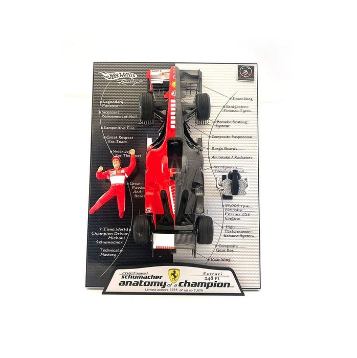 Hot Wheels 1:18 - Modell versenyautó - Ferrari 248 F1 Anatomy of a Champion - Michael Schumacher - Limitált kiadás, 7676 db. (Egyedi számozással)